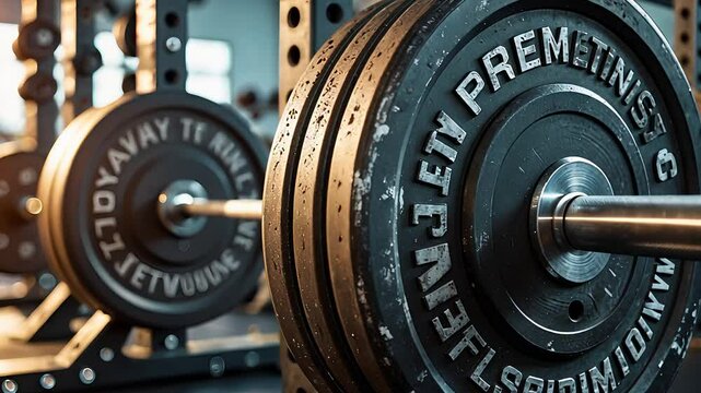 Heavy loaded barbell resting on a squat rack in a modern gym environment with strong lighting and metal textures

