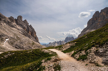 nature sceneries on the trail inside the Catinaccio mointain range, Vico di Fassa, Val di Fassa, Dolomites, Italy