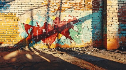 Fototapeta premium A weathered brick wall featuring abstract graffiti artwork