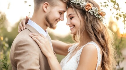 Fototapeta premium Couple standing together in warm sunset light, outdoor portrait of spouses.