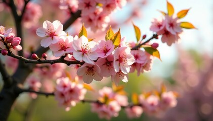 Branches of apricot tree in full bloom creating a vibrant spring scene, sunlight, background