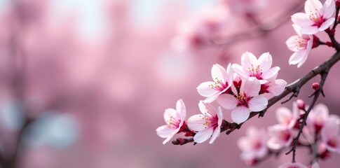 Obraz premium Branches of blooming almond tree with pastel pink blooms, pink, spring, nature