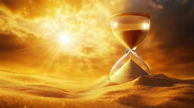 Hourglass on sand, reflective mood, time concept, sunset background