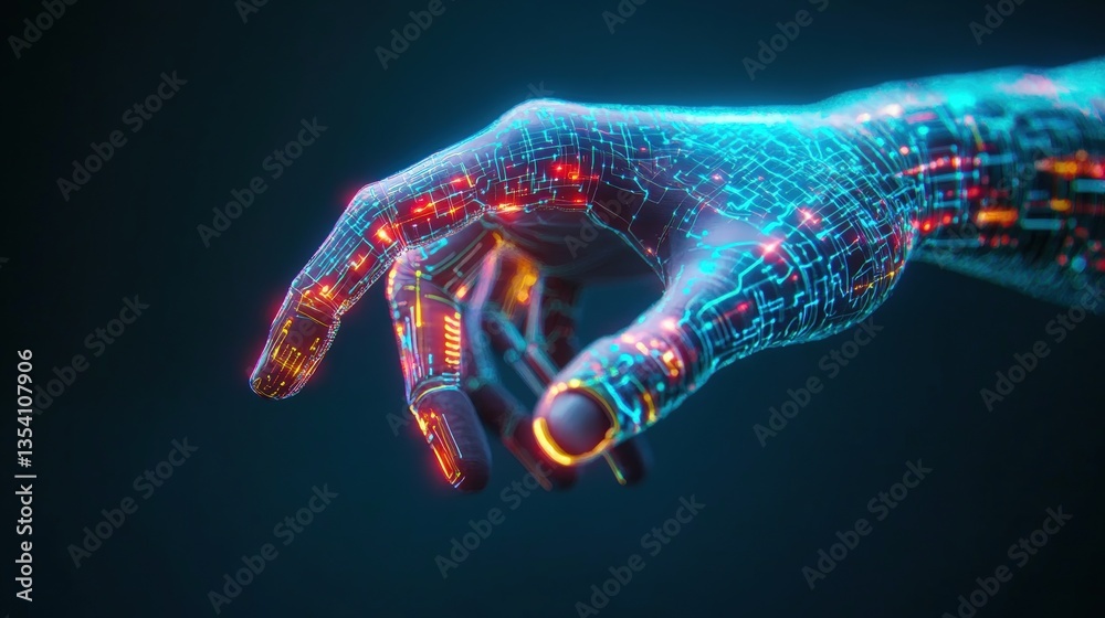 Poster a biomechanical hand with glowing circuit patterns reaching towards an undefined space, showcasing i
