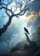 A crow sits atop a blasted tree stump as the sun sets in the mist. There is a mystical, surreal feel to the scene.