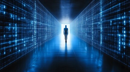 A Human Silhouette Walking Towards Light In A Tunnel