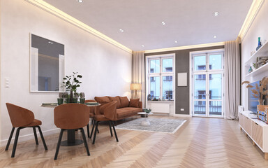 living room with orange sofa, dining area, and plants