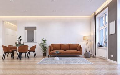 living room with orange sofa, dining area, and plants