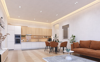 Modern kitchen-dining area with orange chairs