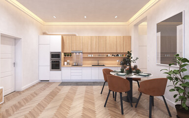 Modern kitchen-dining area with orange chairs