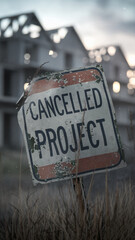 Weathered sign reading "Cancelled Project" in front of blurred unfinished buildings, symbolizing abandoned development, failure, or economic downturn