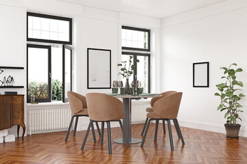 Elegant dining setup with brown chairs.