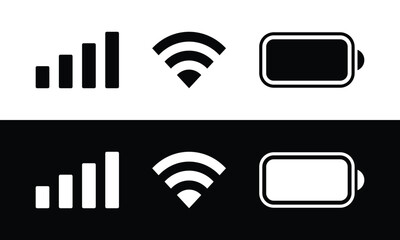 Smartphone notification bar wifi signal battery user interface icons. Black white icon set of phone ui vector illustration