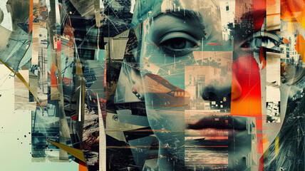 Abstract portrait with fragmented images and mixed media elements in a modern style art work