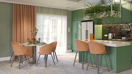 dining space with chairs, green island, and kitchen area