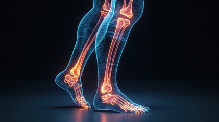 Digital rende of translucent wireframe human lower legs and feet emphasizing bones in vibrant orange and blue colors against dark background