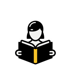 Person reading a book icon featuring a woman holding an open book in a modern flat design