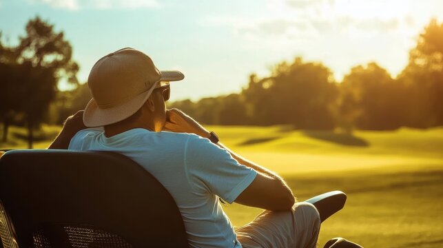 man relaxing on golf course at sunset