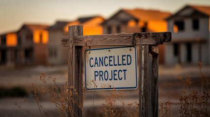 Wooden sign reading "Cancelled Project" in front of blurred unfinished houses at sunset, showcasing a concept of abandoned development and unrealized potential