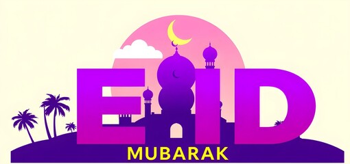 A vibrant and colorful graphic design featuring the word "EID" with a purple gradient. The background includes silhouettes of palm trees and a mosque, with a crescent moon and clouds. Below the word, 