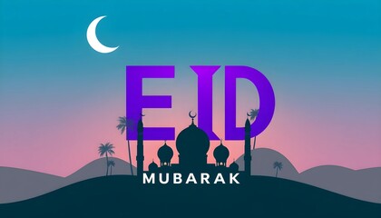 A vibrant and colorful graphic design featuring the word "EID" with a purple gradient. The background includes silhouettes of palm trees and a mosque, with a crescent moon and clouds. Below the word, 