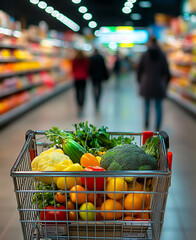 Digital photograph of a shopping cart filled with vegetables in a supermarket, with blurred people walking in the background.