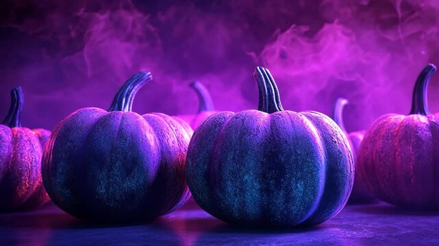 Purple flowers and pumpkins in autumn harvest with orange squash and ripe gourds for Halloween and Thanksgiving decoration