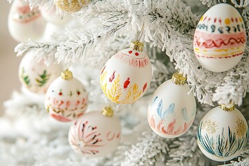 Obraz premium A delicate assortment of hand-painted Easter egg-shaped ornaments, beautifully displayed on a white Christmas tree.