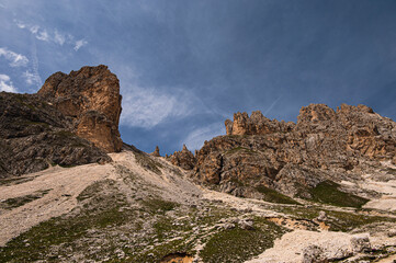 nature sceneries on the trail inside the Catinaccio mointain range, Vico di Fassa, Val di Fassa, Dolomites, Italy