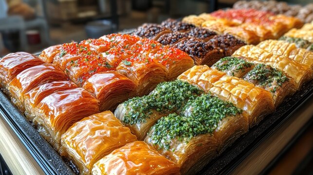 A vibrant display of assorted baklava varieties showcasing rich textures, colors, and exquisite toppings in a modern setting