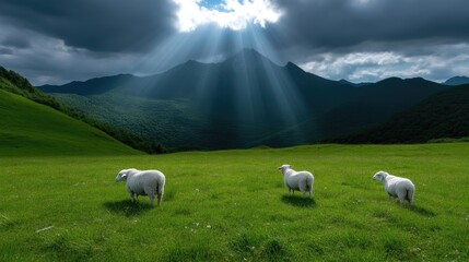 Fototapeta premium Sheep grazing on a grassy mountain meadow, bathed in sunlight filtering through clouds