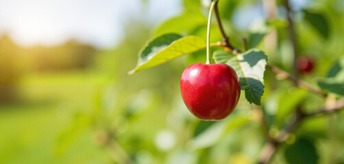 Obraz premium Single cherry hanging in lush orchard under clear sky, farm freshness, copy space