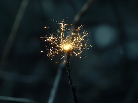 The illuminated sparkler emits sparks against a blurred dark background