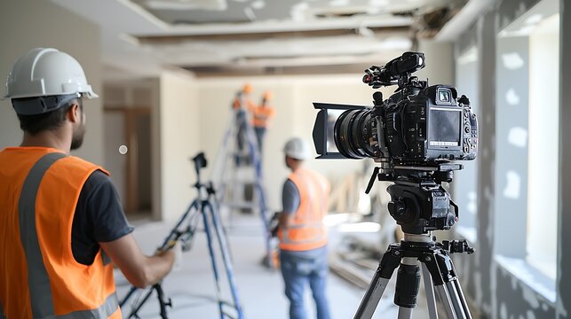 Construction site filming, workers and camera.