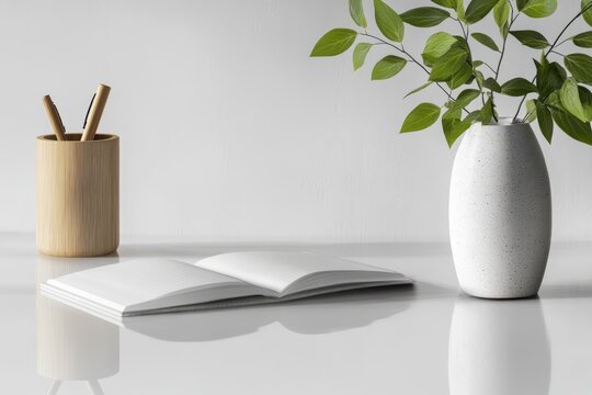 A minimalist desk setup with a glossy white surface, an open notebook, a wooden pen holder, and a small vase with green leaves
