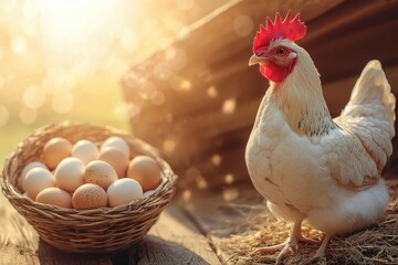 Hen near a basket of eggs on farm. For concepts like farming,fresh food,countryside.