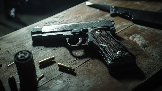 gun bullets knife wooden table dark background still life photog