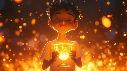 boy holding golden trophy sparkles achievement success celebrati
