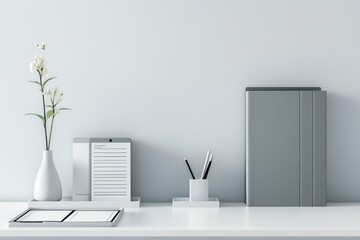 A minimalist workspace with a white desk, a closed planner, neatly labeled folders in a tray, and a small vase with a single flower stem