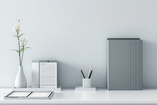 A minimalist workspace with a white desk, a closed planner, neatly labeled folders in a tray, and a small vase with a single flower stem