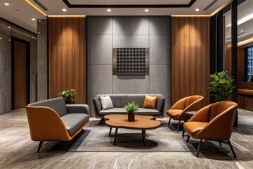 A modern business lounge with a mix of fabric and leather furniture, subtle wall decor, and sleek wooden accents on the walls and floor