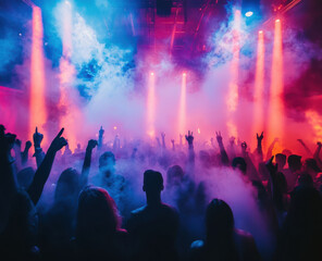 Colorful and full of life club party with a big crowd dancing