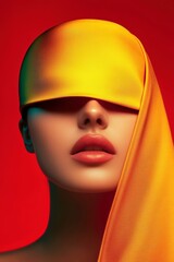 Creative collision of color and light with minimalist model styling under a surreal red background and yellow accents