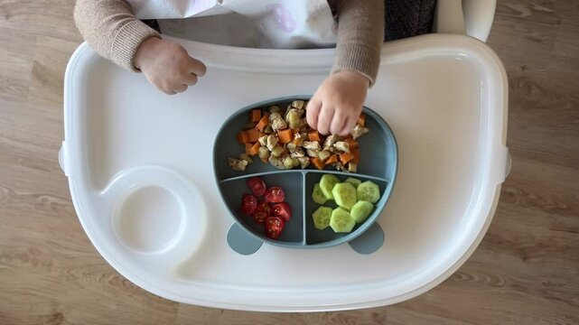 Baby eating first solid food, healthy baby meal with meat stew, cucumbers, tomatoes in a silicone plate in the shape of a bear on the table of high chair. Video of toddler self-feeding from above