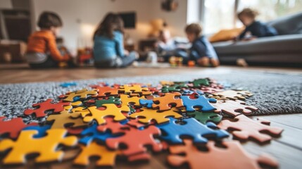 Obraz premium Colorful puzzle pieces on the floor, children playing indoors, parents in the background