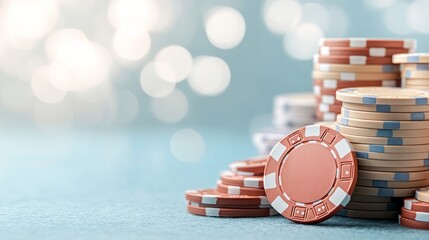 Colorful poker chips of various values are stacked on a smooth surface, evoking excitement and anticipation for a fun night of gambling at the casino