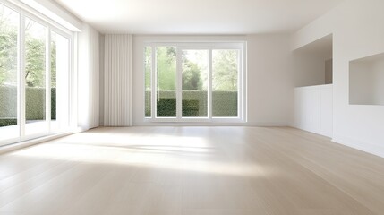 Empty, bright, modern room with large windows overlooking a garden