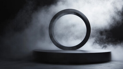 A sleek, abstract ring structure rising from a solid circular base, partially veiled in wisps of fog