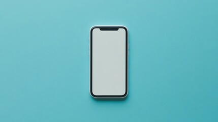 A modern smartphone sits on a vibrant light blue background