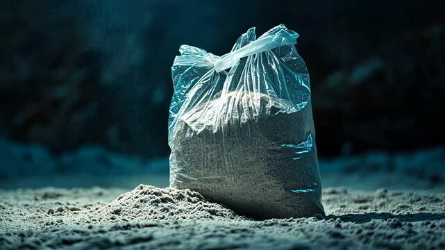 A Bag of Dry Cement Powder Resting on a Rough Cement Surface in Soft Lighting